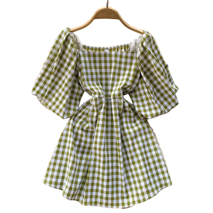 "Fyrkantig krage A-linje klänning för kvinnor med puffärm, knälång, lätt polyester, markerad midja, feminin stil."