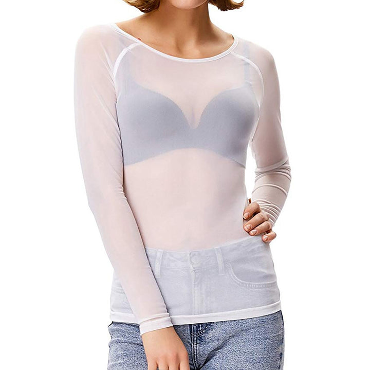 "Genomskinlig dam mesh top med långa ärmar, luftigt material och kroppsnära passform för trendig stil."