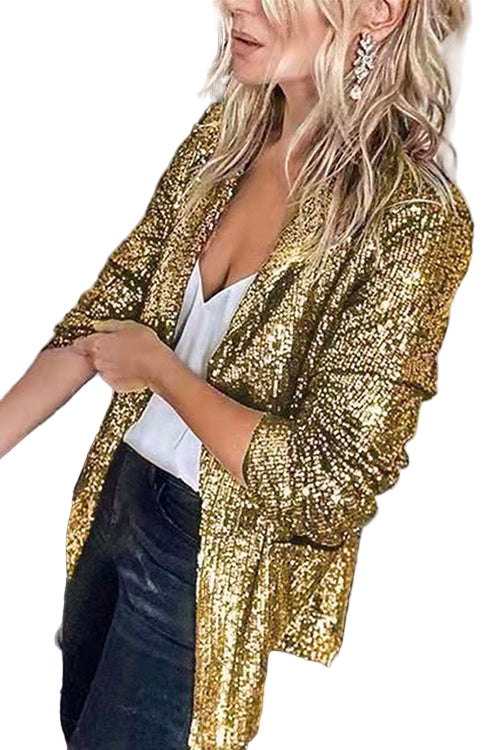 "Glittrande öppen front paljettkofta för kvinnor, elegant med lysande paljetter, långärmad och modern design."