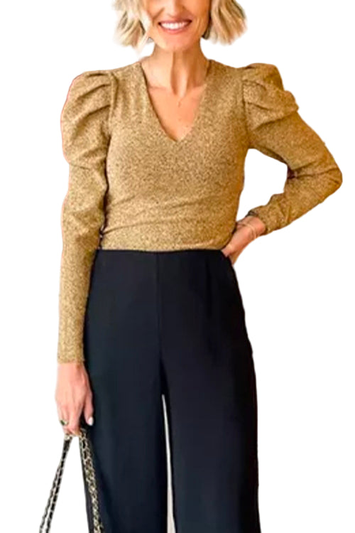 Glänsande långärmad V-hals topp för kvinnor, elegant stil, skinande look, perfekt för både vardag och fest.