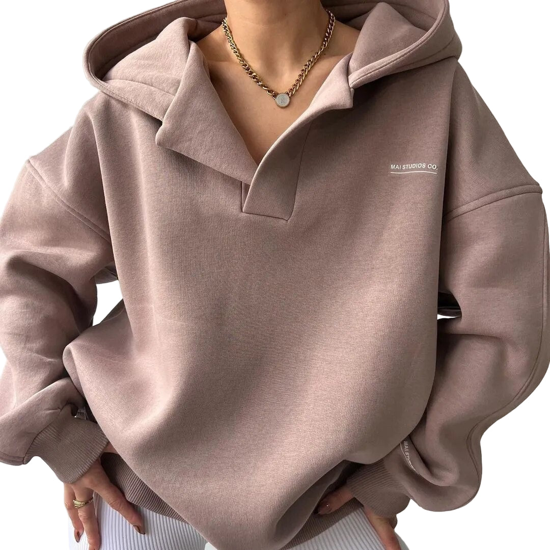 "Grå dam V-hals hoodie, avslappnad stil, mjukt tyg, perfekt för vardagsbruk, mångsidigt och modernt plagg."