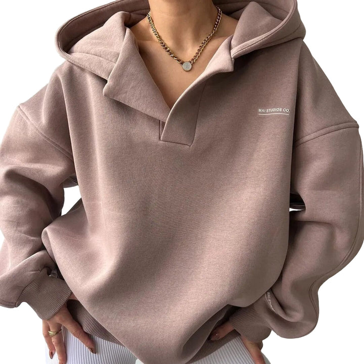 "Grå dam V-hals hoodie, avslappnad stil, mjukt tyg, perfekt för vardagsbruk, mångsidigt och modernt plagg."