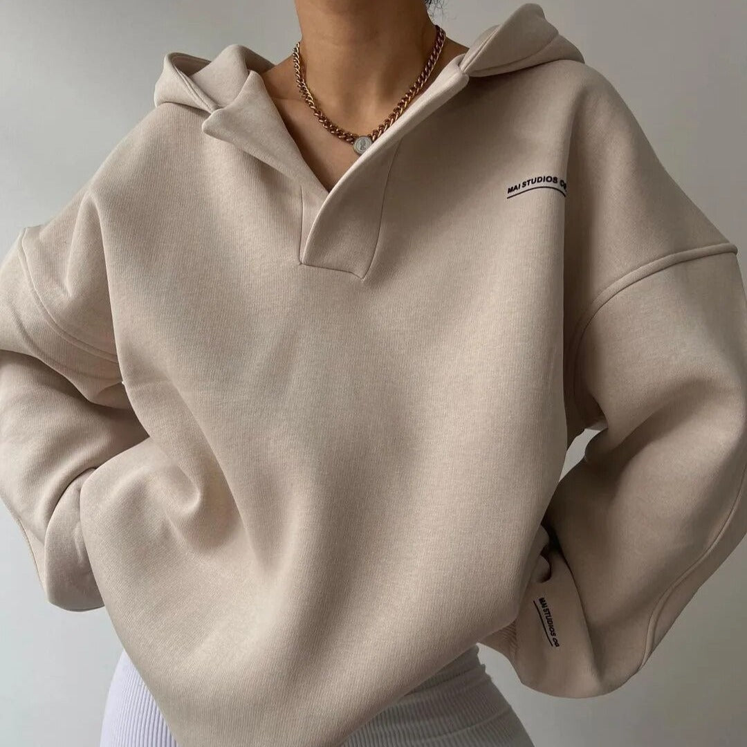 "Grå dam V-hals hoodie, avslappnad stil, mjukt tyg, perfekt för vardagsbruk, mångsidigt och modernt plagg."