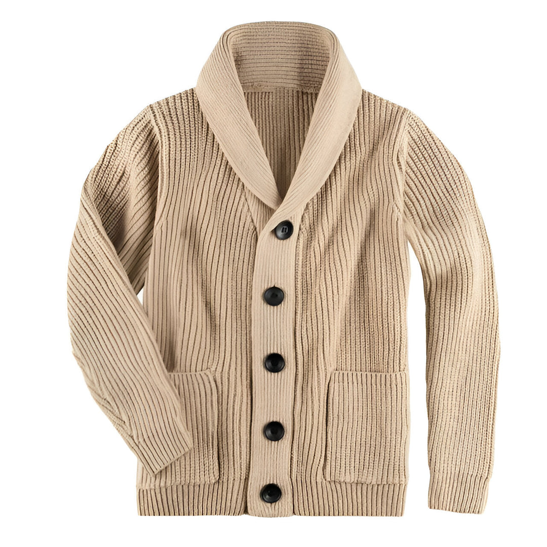 "Grå herrcardigan med knappar, klassisk och tidlös design, perfekt för herrar som vill ha stil och komfort i kallt väder."