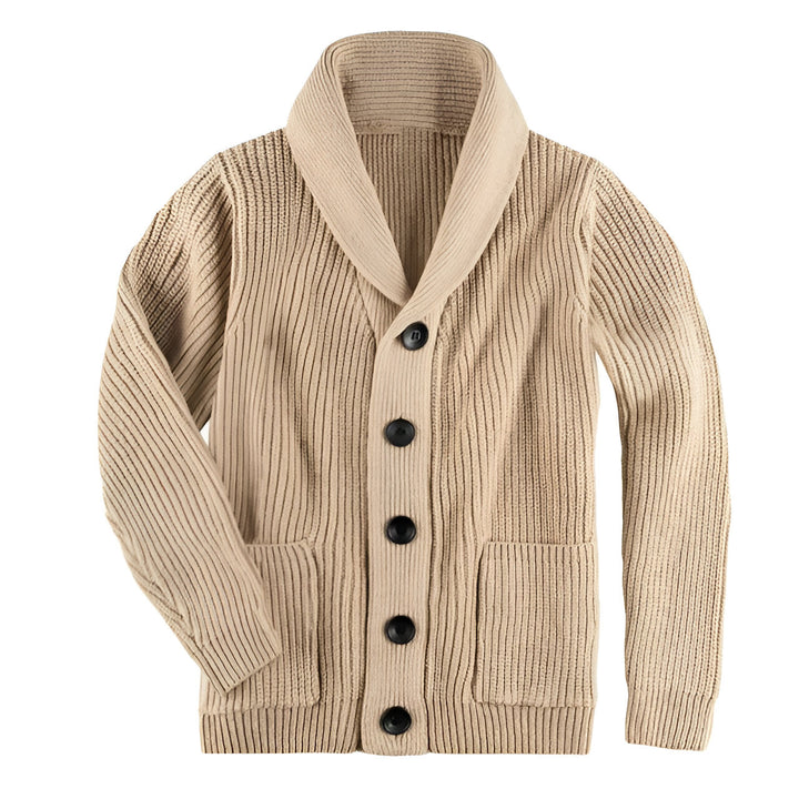 "Grå herrcardigan med knappar, klassisk och tidlös design, perfekt för herrar som vill ha stil och komfort i kallt väder."