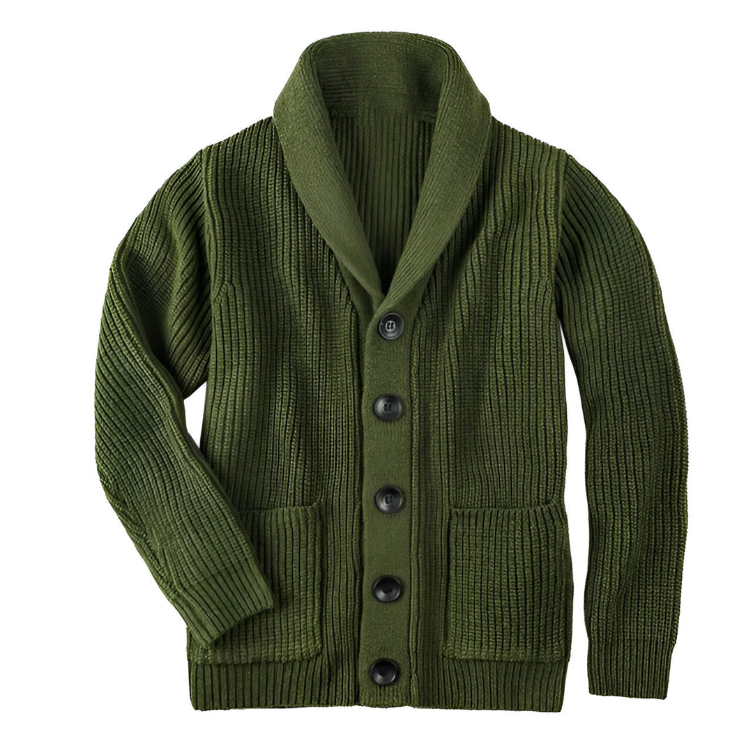 "Grå herrcardigan med knappar, klassisk och tidlös design, perfekt för herrar som vill ha stil och komfort i kallt väder."