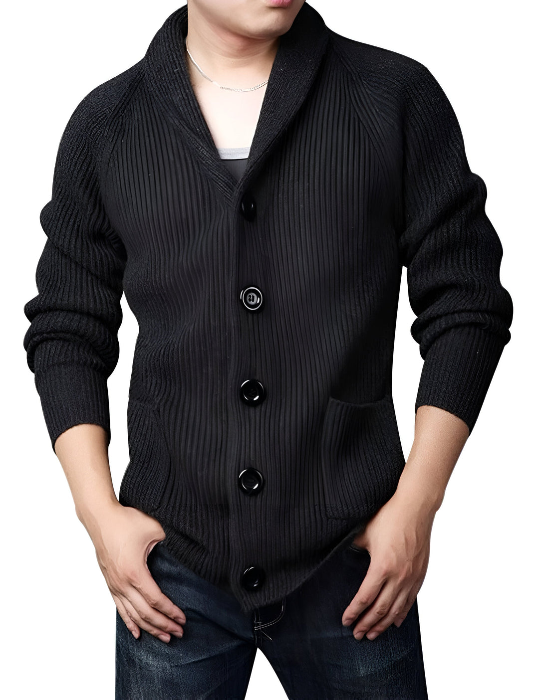 "Grå herrcardigan med knappar, klassisk och tidlös design, perfekt för herrar som vill ha stil och komfort i kallt väder."