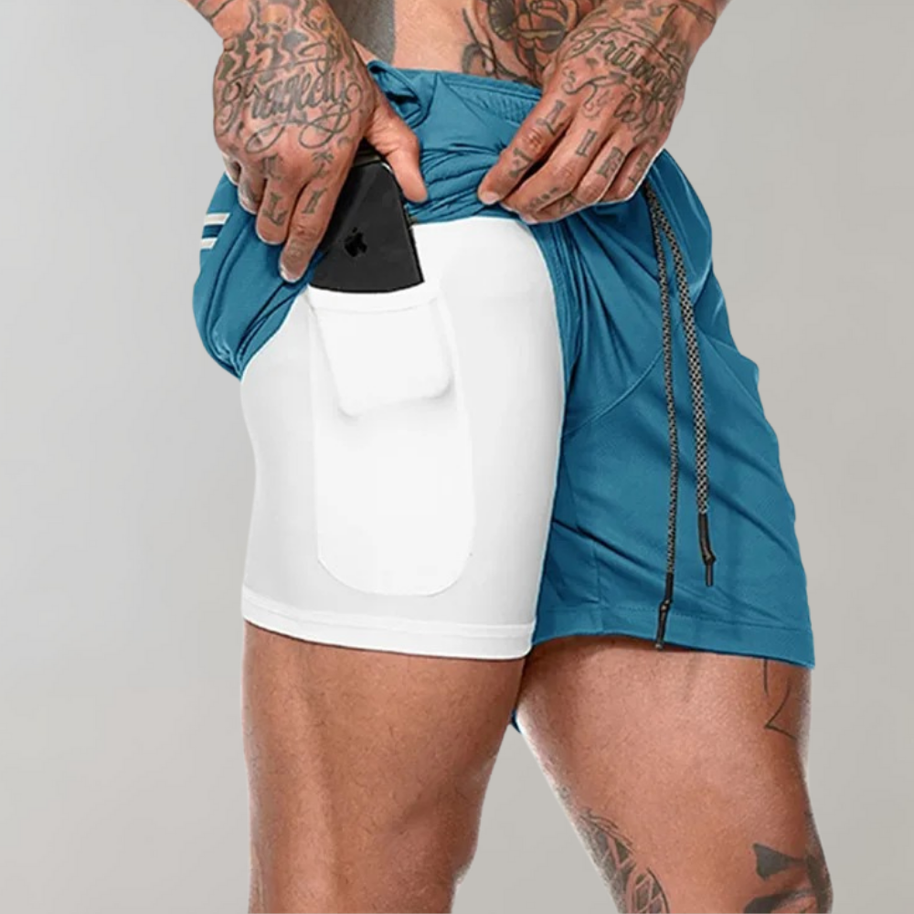 "Herr 2-i-1 träningsshorts med inre stöd och yttre stil för ultimat rörelsefrihet under träning, finns i flera färger."