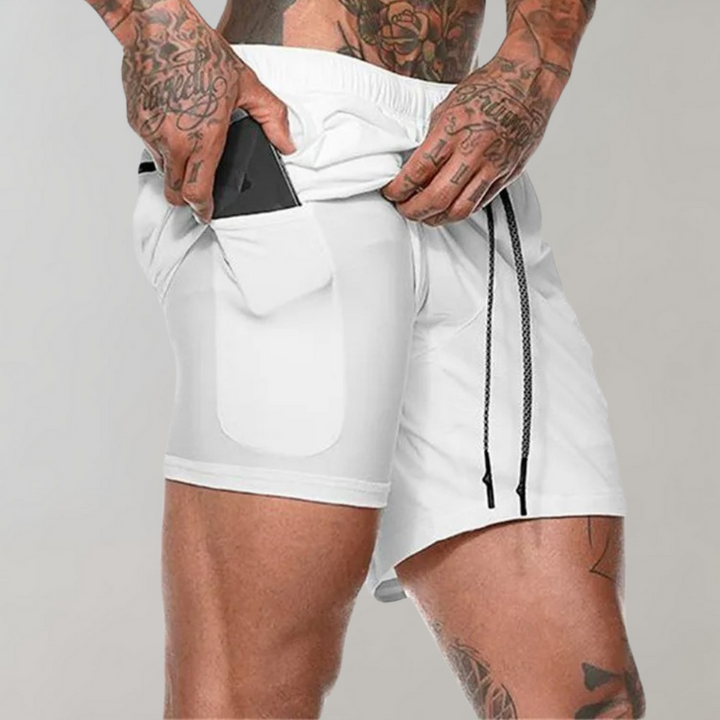 "Herr 2-i-1 träningsshorts med inre stöd och yttre stil för ultimat rörelsefrihet under träning, finns i flera färger."