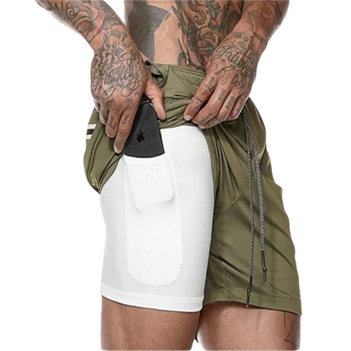 "Herr 2-i-1 träningsshorts med inre stöd och yttre stil för ultimat rörelsefrihet under träning, finns i flera färger."