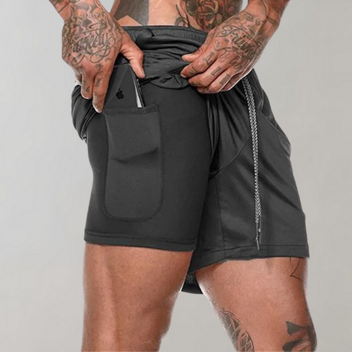 "Herr 2-i-1 träningsshorts med inre stöd och yttre stil för ultimat rörelsefrihet under träning, finns i flera färger."