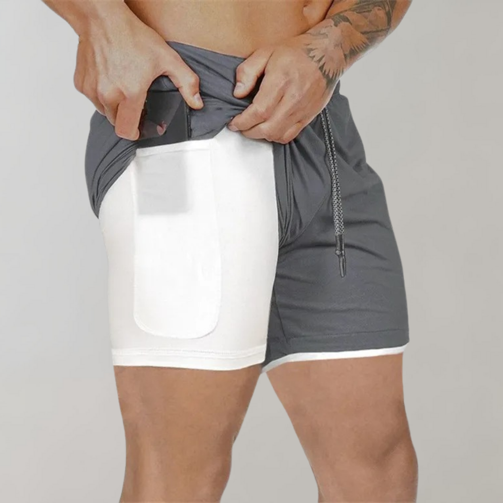 "Herr 2-i-1 träningsshorts med inre stöd och yttre stil för ultimat rörelsefrihet under träning, finns i flera färger."