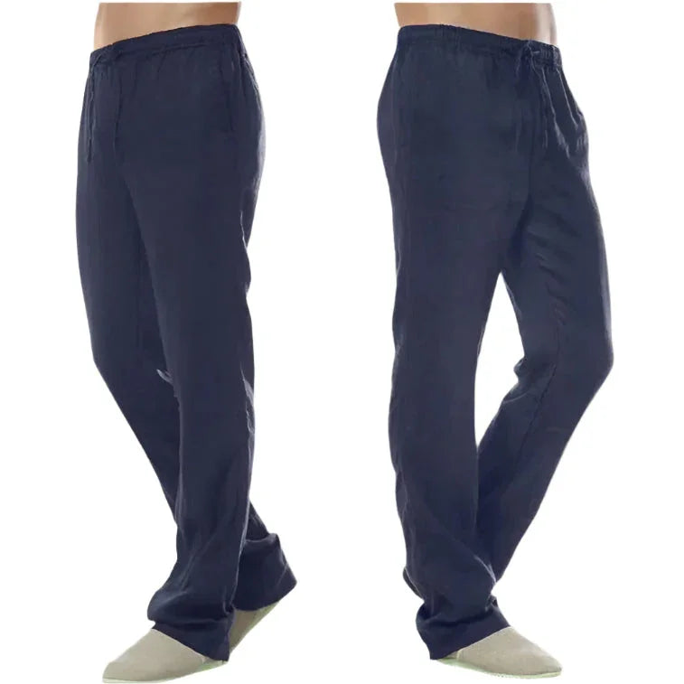 Herr Casual linnebyxor med justerbart midjeband, elastiskt och ventilerande tyg, perfekt för stil och komfort.