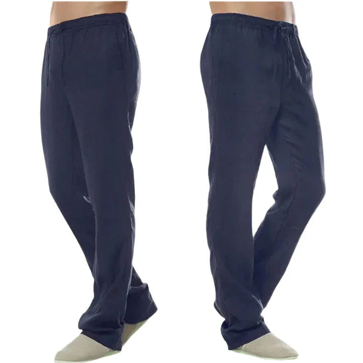 Herr Casual linnebyxor med justerbart midjeband, elastiskt och ventilerande tyg, perfekt för stil och komfort.
