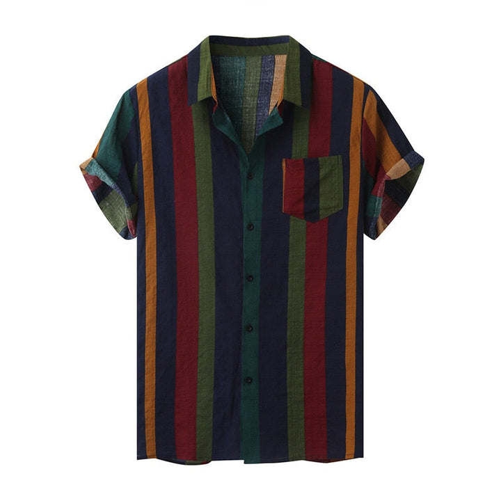 "Herr Hawaiiskjorta i polyester med vintagekrage, färgstarkt livligt mönster, perfekt för sommarevenemang och vardagsbruk."