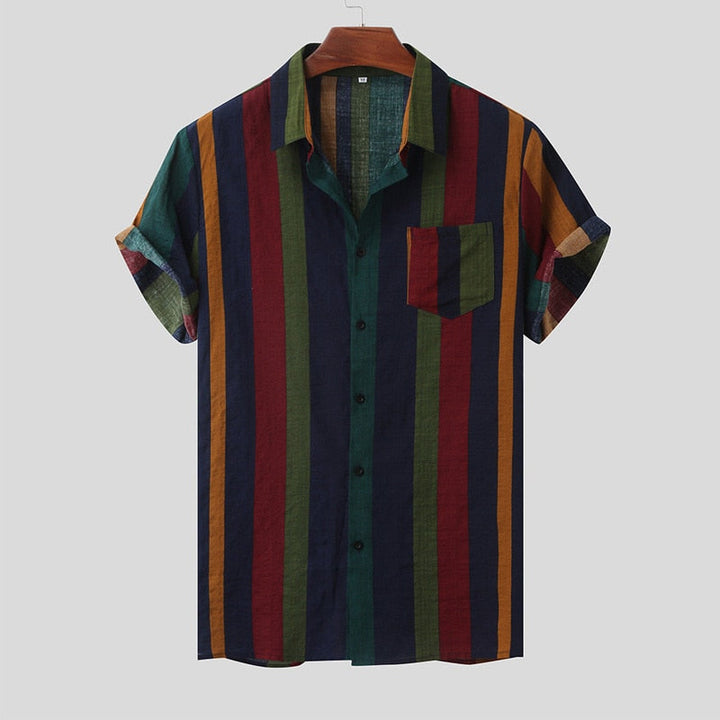 "Herr Hawaiiskjorta i polyester med vintagekrage, färgstarkt livligt mönster, perfekt för sommarevenemang och vardagsbruk."