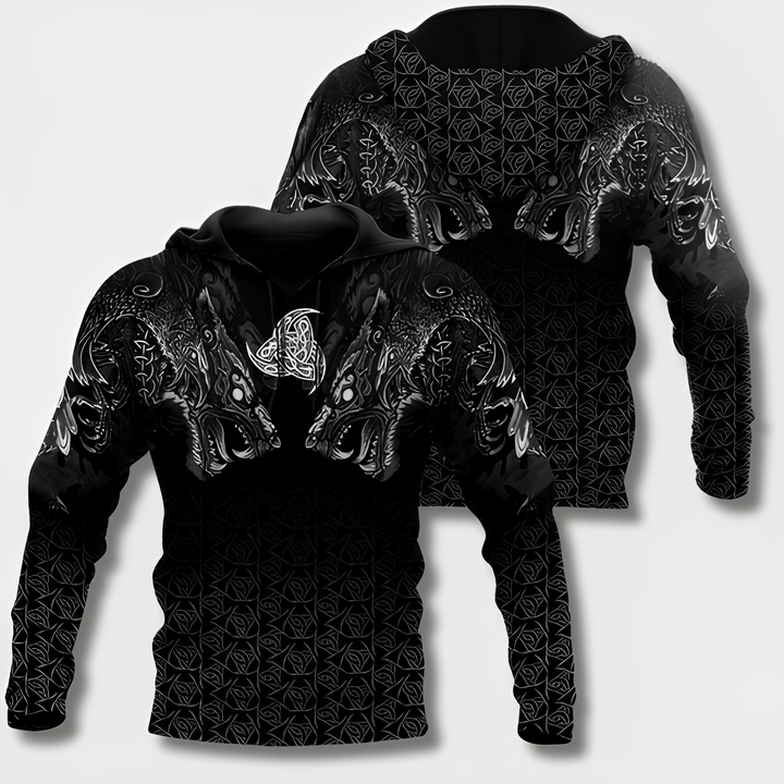"Herr Hoodie med Viking-design i 100% bomull, framifrån, svart med huva och vikingadetaljer för stilfull bekvämlighet."