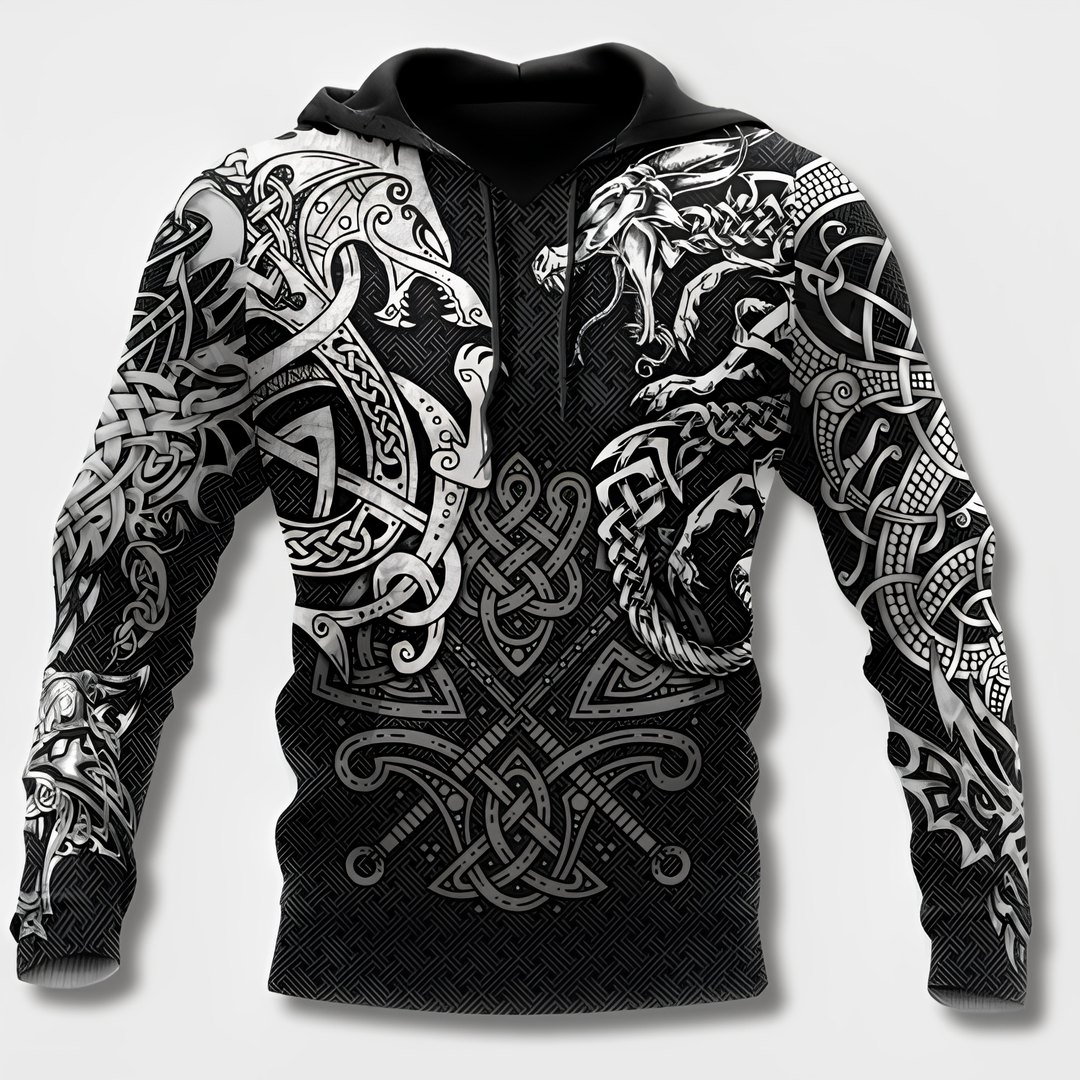 "Herr Hoodie med Viking-design i 100% bomull, framifrån, svart med huva och vikingadetaljer för stilfull bekvämlighet."