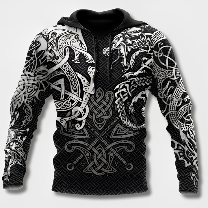 "Herr Hoodie med Viking-design i 100% bomull, framifrån, svart med huva och vikingadetaljer för stilfull bekvämlighet."