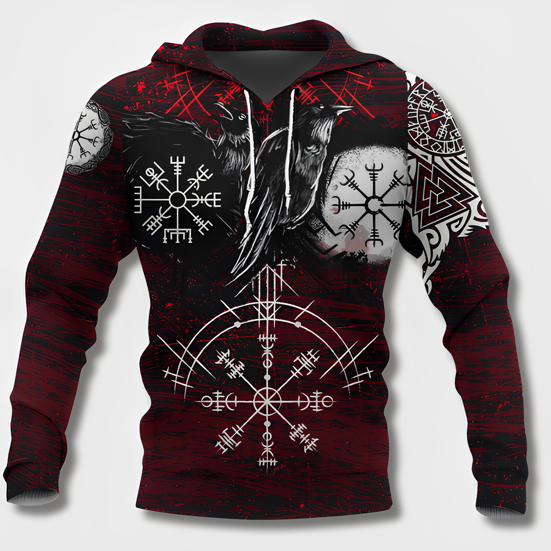 "Herr Hoodie med Viking-design i 100% bomull, framifrån, svart med huva och vikingadetaljer för stilfull bekvämlighet."