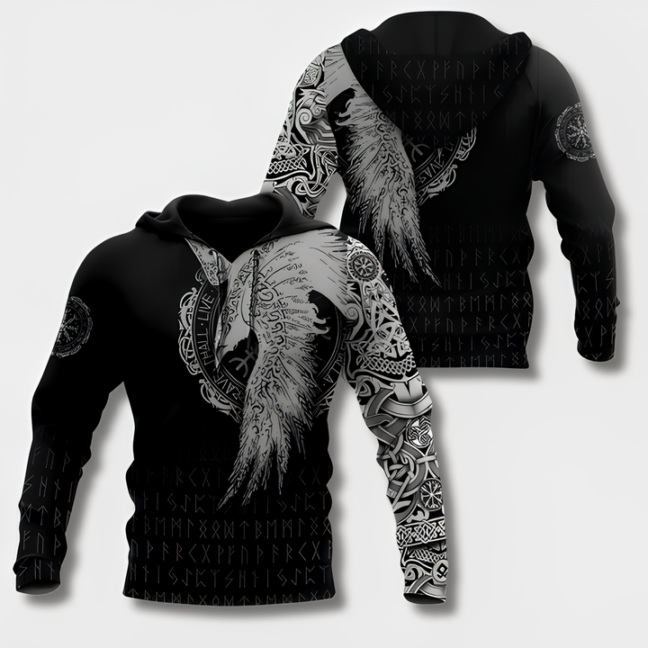 "Herr Hoodie med Viking-design i 100% bomull, framifrån, svart med huva och vikingadetaljer för stilfull bekvämlighet."