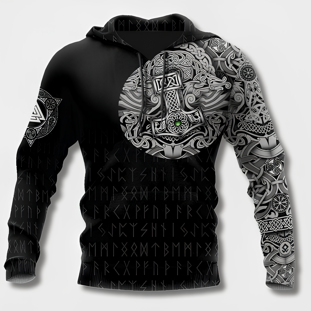"Herr Hoodie med Viking-design i 100% bomull, framifrån, svart med huva och vikingadetaljer för stilfull bekvämlighet."
