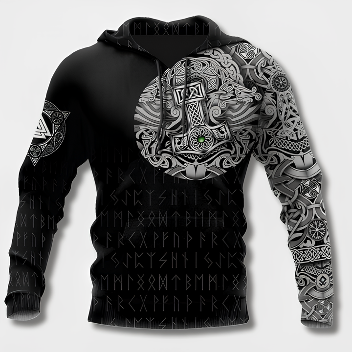 "Herr Hoodie med Viking-design i 100% bomull, framifrån, svart med huva och vikingadetaljer för stilfull bekvämlighet."
