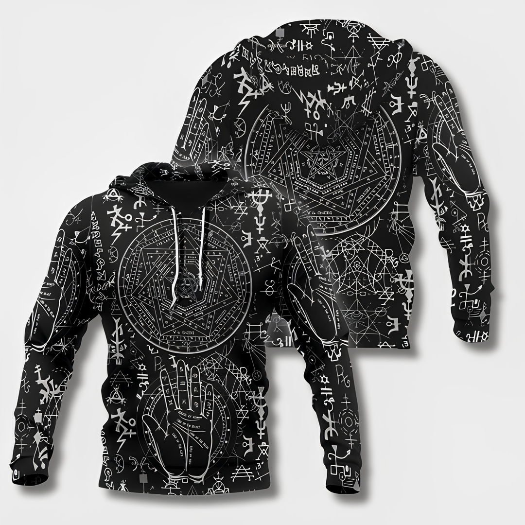 "Herr Hoodie med Viking-design i 100% bomull, framifrån, svart med huva och vikingadetaljer för stilfull bekvämlighet."