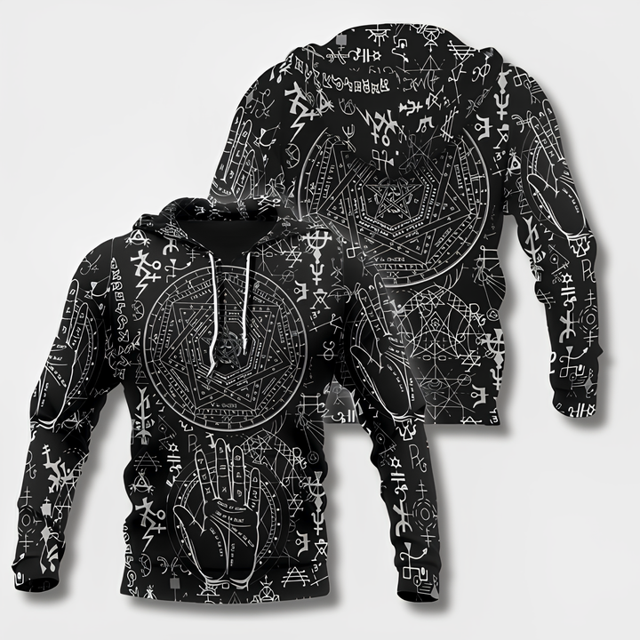 "Herr Hoodie med Viking-design i 100% bomull, framifrån, svart med huva och vikingadetaljer för stilfull bekvämlighet."