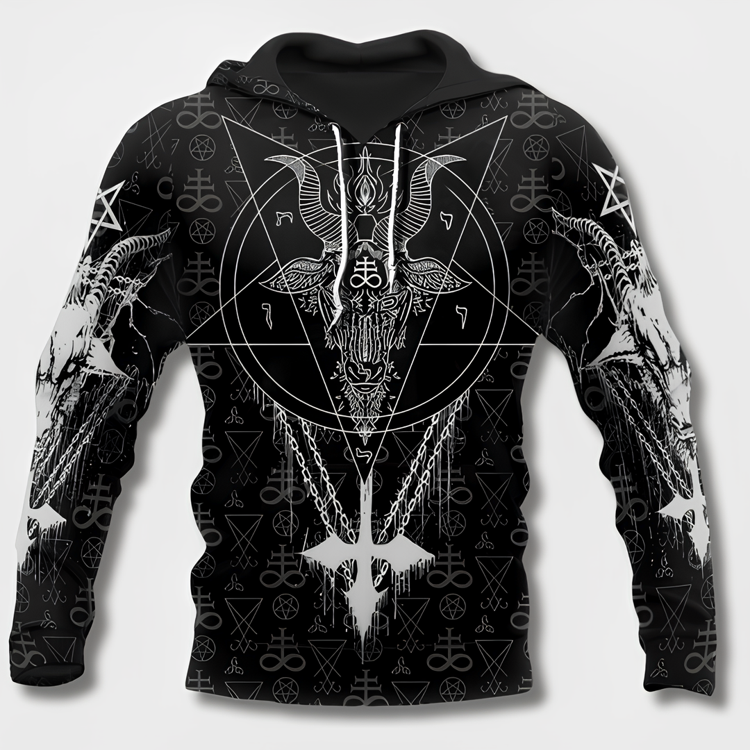"Herr Hoodie med Viking-design i 100% bomull, framifrån, svart med huva och vikingadetaljer för stilfull bekvämlighet."