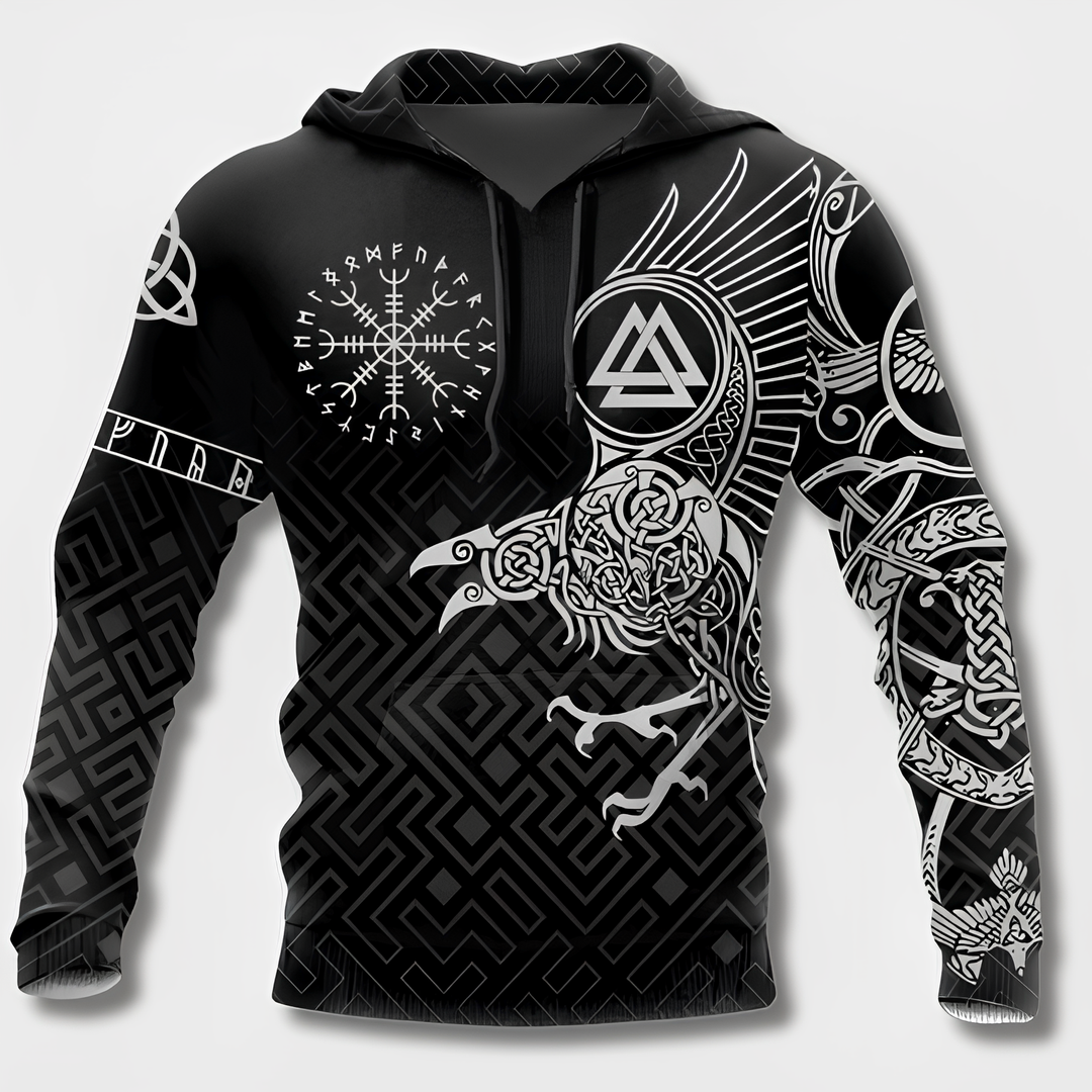 "Herr Hoodie med Viking-design i 100% bomull, framifrån, svart med huva och vikingadetaljer för stilfull bekvämlighet."