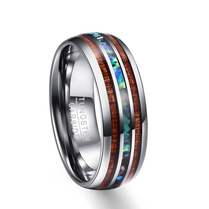 "Herr Koa Trä Ring med abalone och volfram, elegant design med naturligt trä och färgrika skal, för stilmedvetna män."