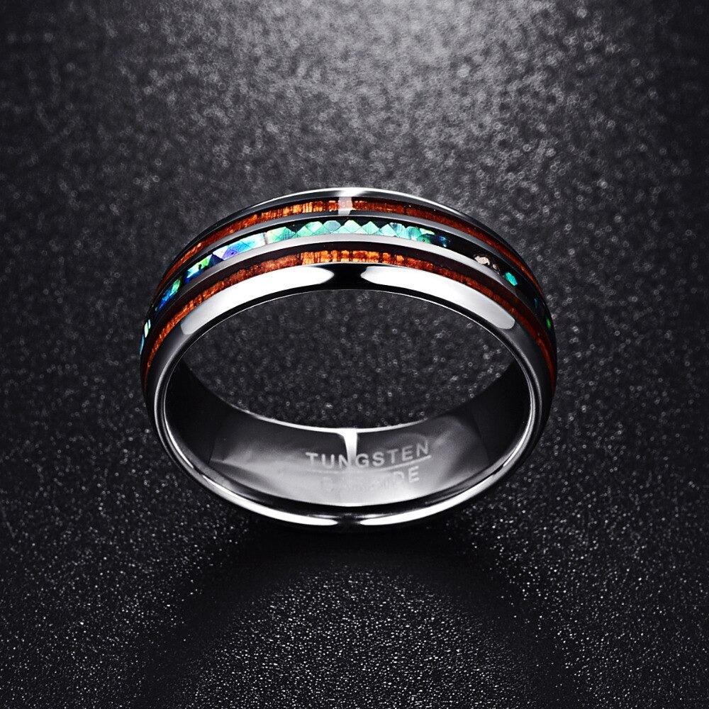 "Herr Koa Trä Ring med abalone och volfram, elegant design med naturligt trä och färgrika skal, för stilmedvetna män."