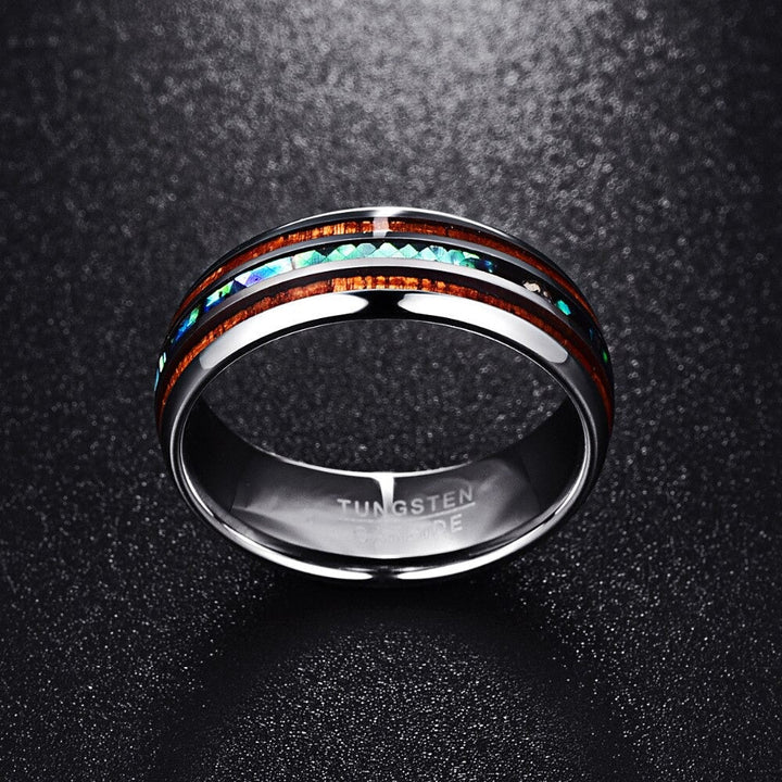 "Herr Koa Trä Ring med abalone och volfram, elegant design med naturligt trä och färgrika skal, för stilmedvetna män."