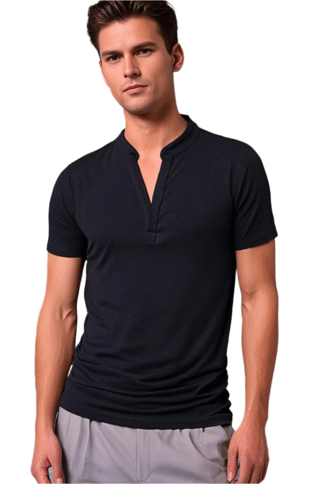 "Herr Polo V-hals T-shirt i mjukt tyg, kort krage, modern design, perfekt för stiliga och avslappnade tillfällen."