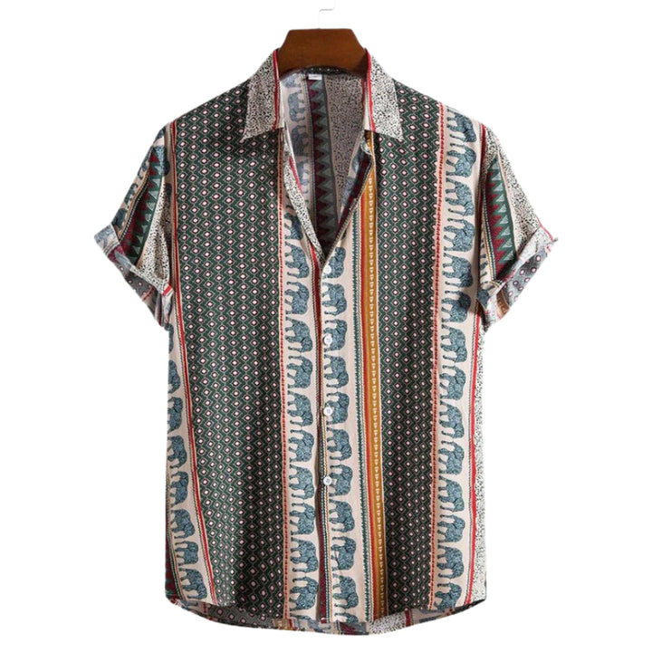 Herr T-shirt med geometrisk elefantdesign, lätt tyg, livfullt tryck, avslappnad passform, perfekt för sommar och stil.