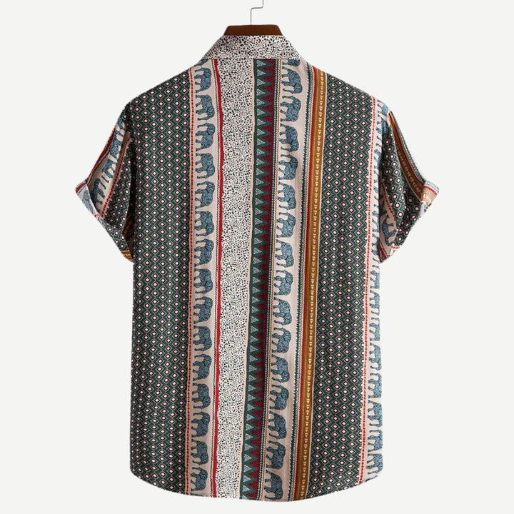 Herr T-shirt med geometrisk elefantdesign, lätt tyg, livfullt tryck, avslappnad passform, perfekt för sommar och stil.