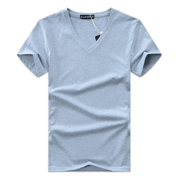 "Herr V-ringad Kortärmad T-shirt Slim Fit i grått, smal passform, bomullstyg, korta ärmar, perfekt för vardagsstil."