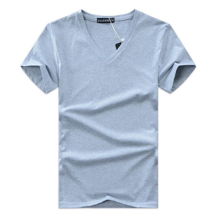"Herr V-ringad Kortärmad T-shirt Slim Fit i grått, smal passform, bomullstyg, korta ärmar, perfekt för vardagsstil."