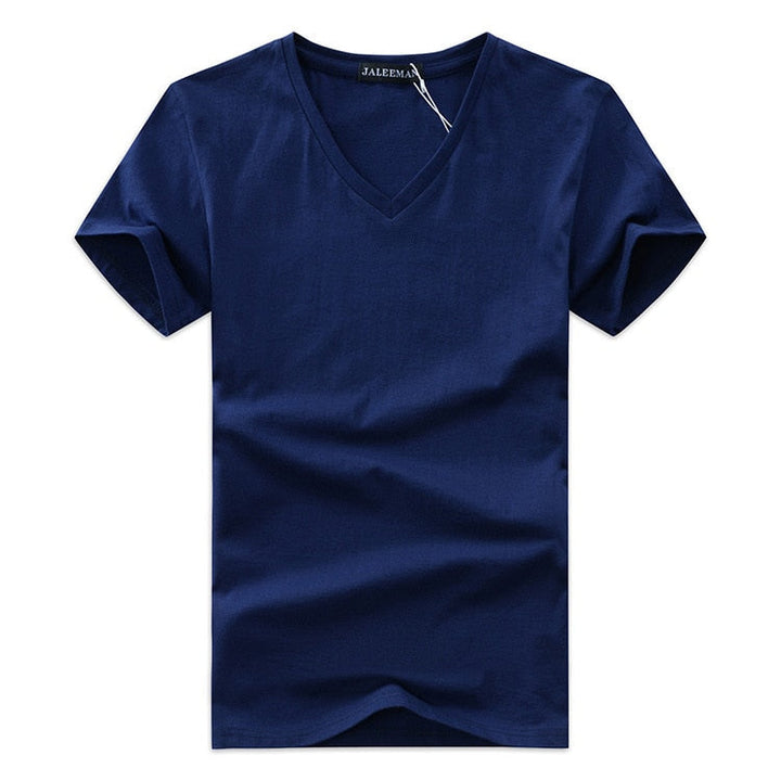 "Herr V-ringad Kortärmad T-shirt Slim Fit i grått, smal passform, bomullstyg, korta ärmar, perfekt för vardagsstil."