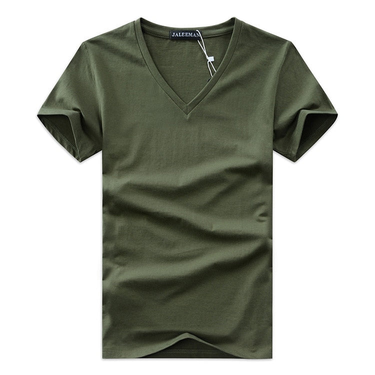 "Herr V-ringad Kortärmad T-shirt Slim Fit i grått, smal passform, bomullstyg, korta ärmar, perfekt för vardagsstil."