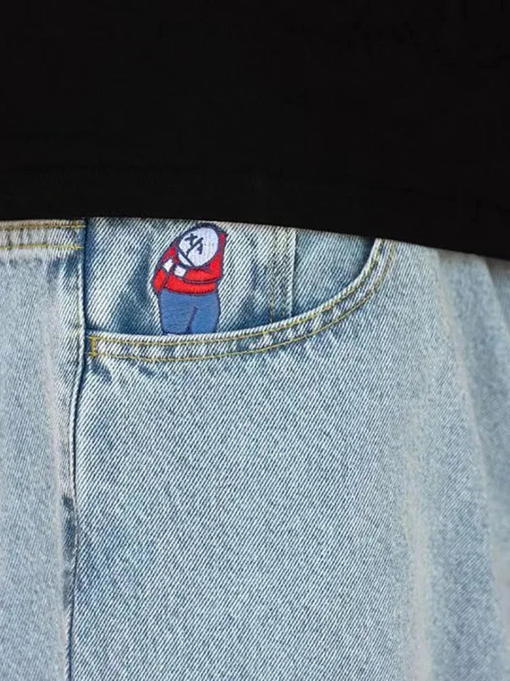 "Herr baggy jeans i svart denim, vida ben, avslappnad stil, framsida."