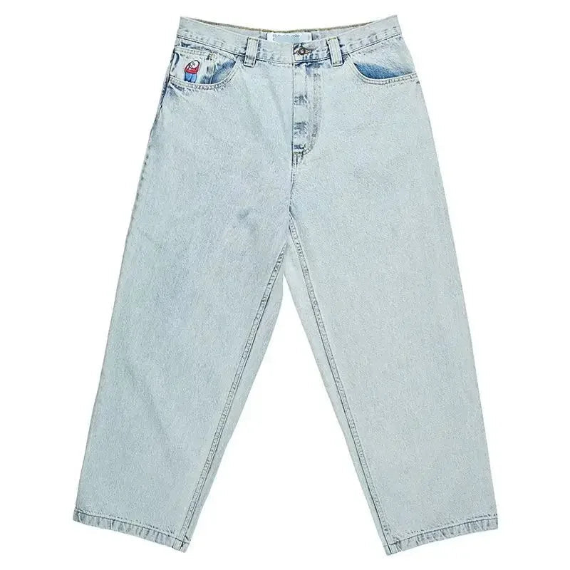 "Herr baggy jeans i svart denim, vida ben, avslappnad stil, framsida."