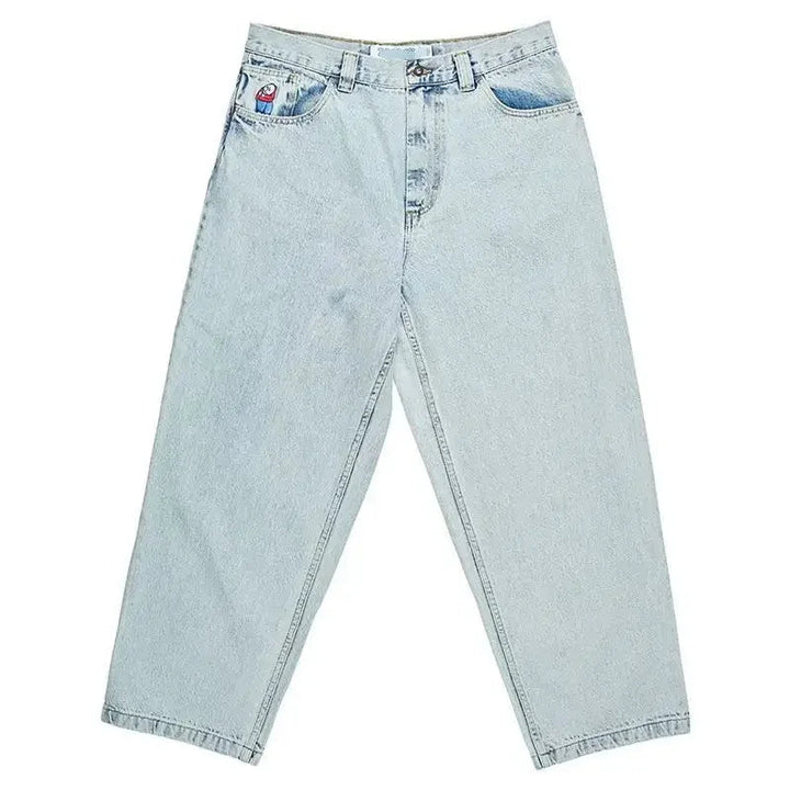 "Herr baggy jeans i svart denim, vida ben, avslappnad stil, framsida."