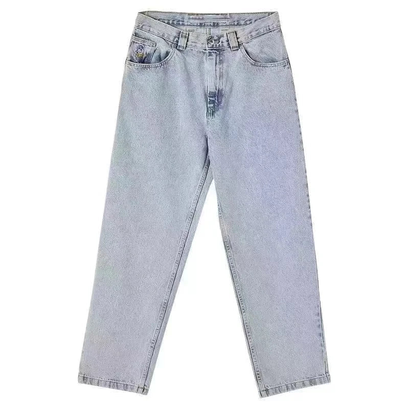 "Herr baggy jeans i svart denim, vida ben, avslappnad stil, framsida."