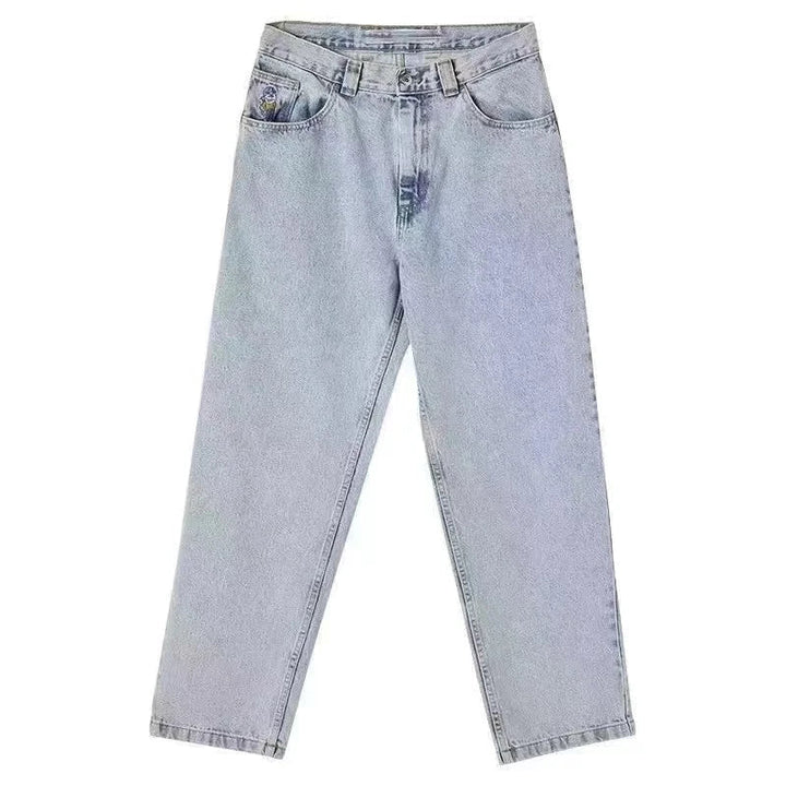 "Herr baggy jeans i svart denim, vida ben, avslappnad stil, framsida."