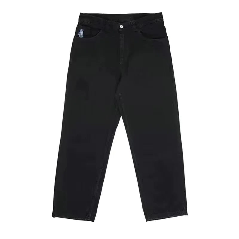 "Herr baggy jeans i svart denim, vida ben, avslappnad stil, framsida."