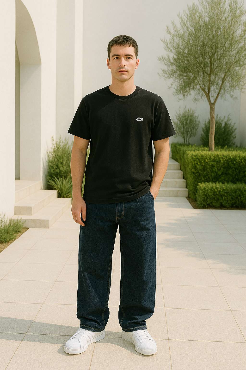 "Herr baggy jeans i svart denim, vida ben, avslappnad stil, framsida."