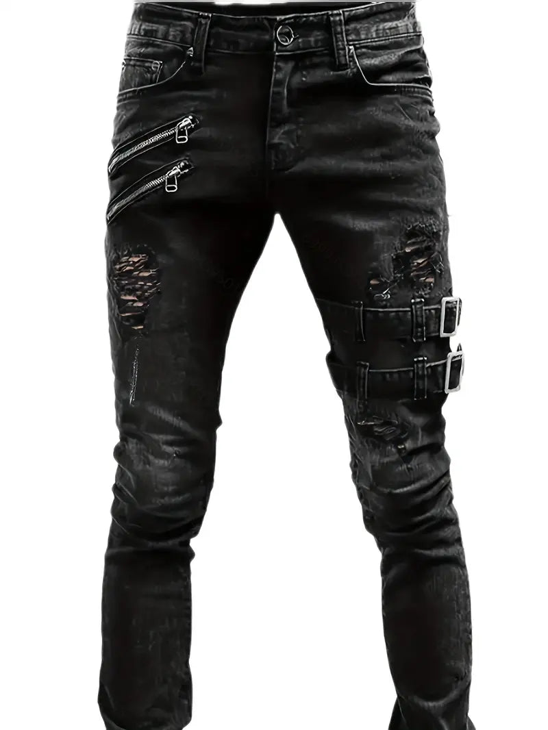 "Herr biker jeans i avslappnad denim med quiltade detaljer, blå färg, avslappnad passform för stil och komfort."