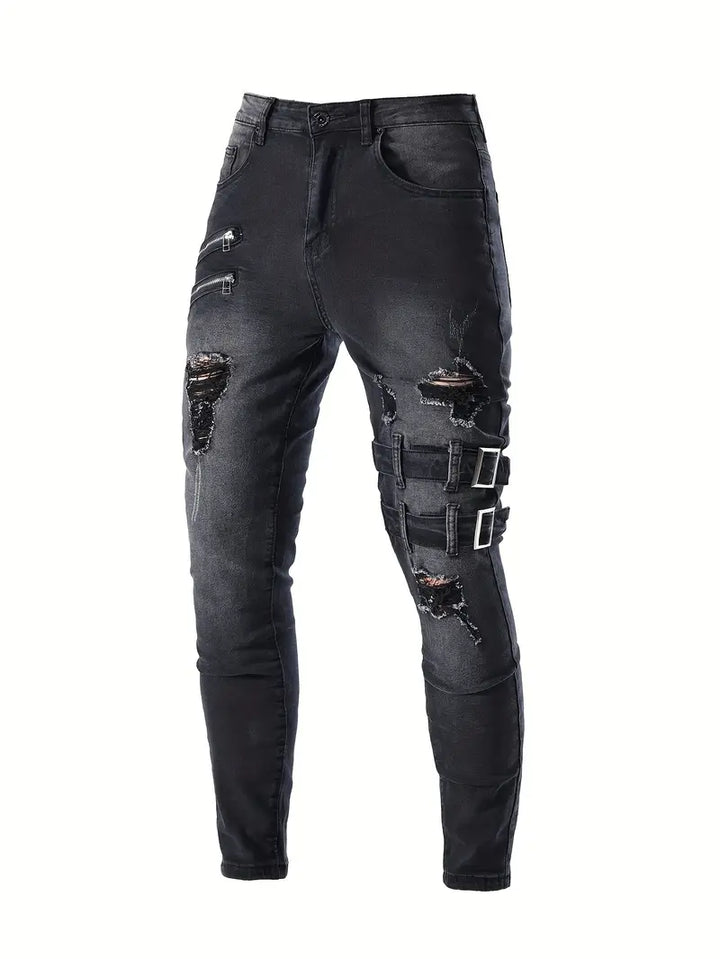 "Herr biker jeans i avslappnad denim med quiltade detaljer, blå färg, avslappnad passform för stil och komfort."